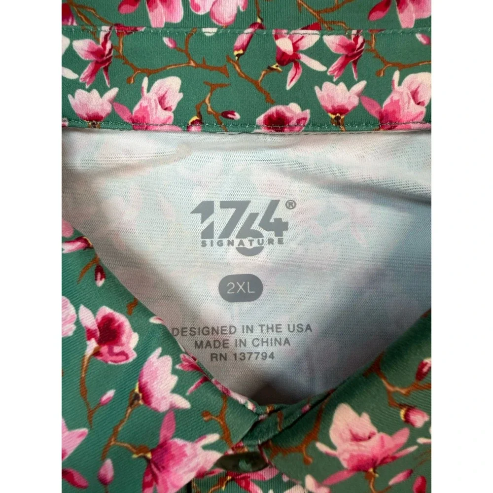774 Signature Mens 2XL‎ Green Pink Floral Cherry Blossom Golf Performance Polo